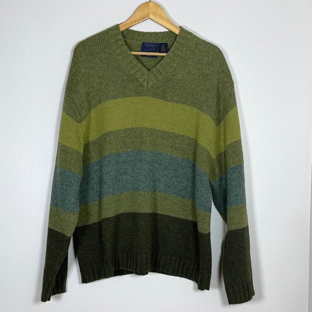 American Eagle Mens Vintage Shetland Wool Grandpa Sweater Size XL Striped Winter